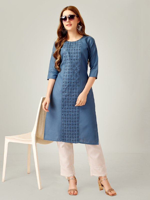 Denim Blue Color Cotton Blend with Embroidery and Sequence Work Pant  Kurti  Pant  Dupatta