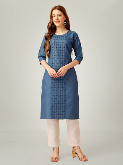 Denim Blue Color Cotton Blend with Embroidery and Sequence Work Pant  Kurti  Pant  Dupatta