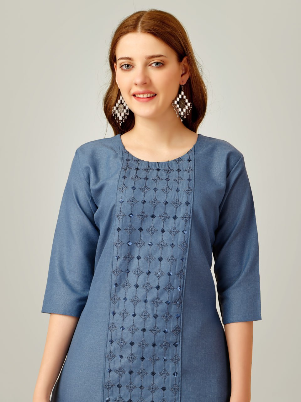 Denim Blue Color Cotton Blend with Embroidery and Sequence Work Pant  Kurti  Pant  Dupatta