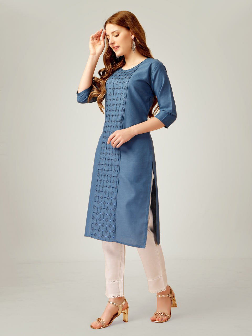 Denim Blue Color Cotton Blend with Embroidery and Sequence Work Pant  Kurti  Pant  Dupatta