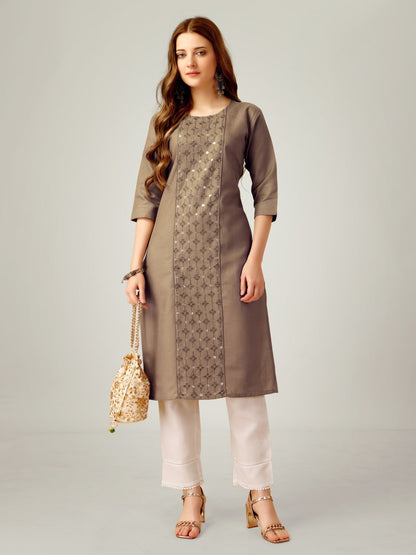 Khaki  Color Cotton Blend with Embroidery & Sequence Work Pant - Kurti  Pant  Dupatta