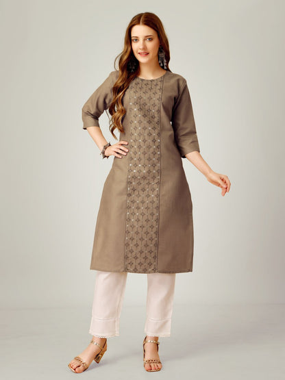 Khaki  Color Cotton Blend with Embroidery & Sequence Work Pant - Kurti  Pant  Dupatta