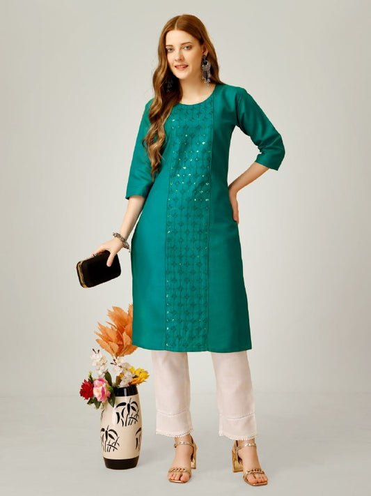 Light Green Color Cotton Blend with Embroidery & Sequence Work Pant - Kurti  Pant  Dupatta