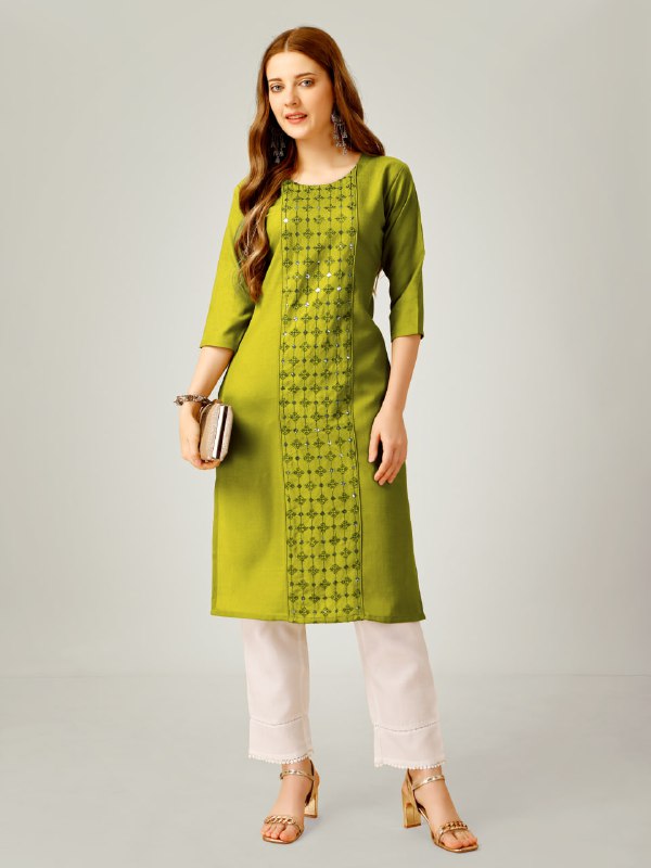 Parrot  Color Cotton Blend with Embroidery & Sequence Work Pant - Kurti  Pant  Dupatta