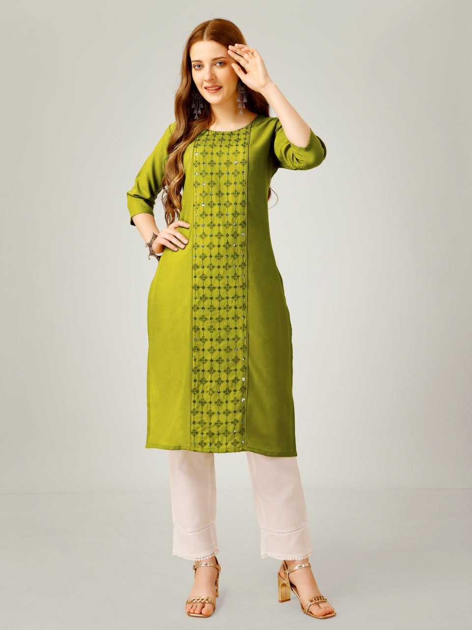 Parrot  Color Cotton Blend with Embroidery & Sequence Work Pant - Kurti  Pant  Dupatta