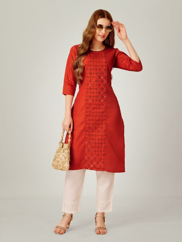Rust Color Cotton Blend with Embroidery & Sequence Work Pant - Kurti  Pant  Dupatta