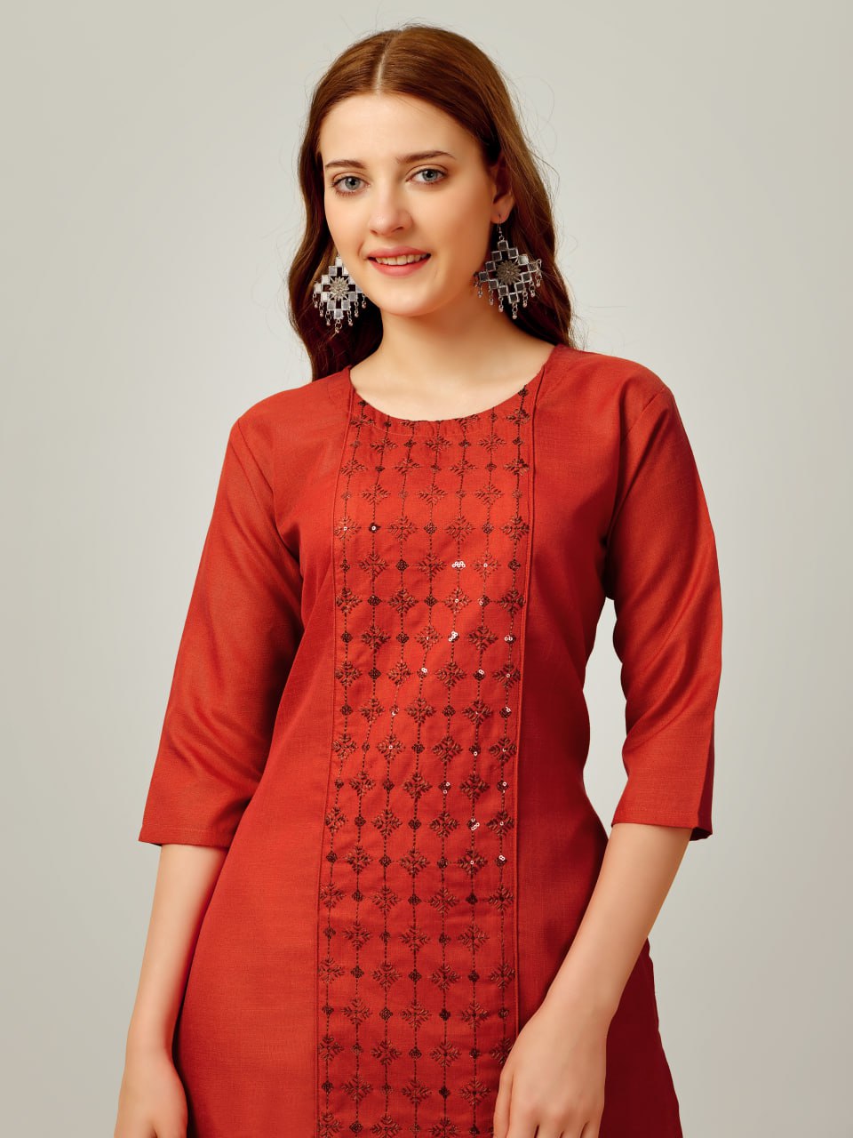 Rust Color Cotton Blend with Embroidery & Sequence Work Pant - Kurti  Pant  Dupatta
