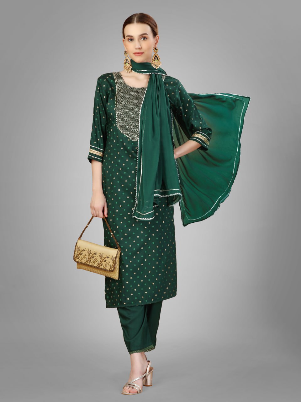 Dark Green Color Silk Blend with Embroidery and Sequence Work Pant - Kurti  Pant  Dupatta