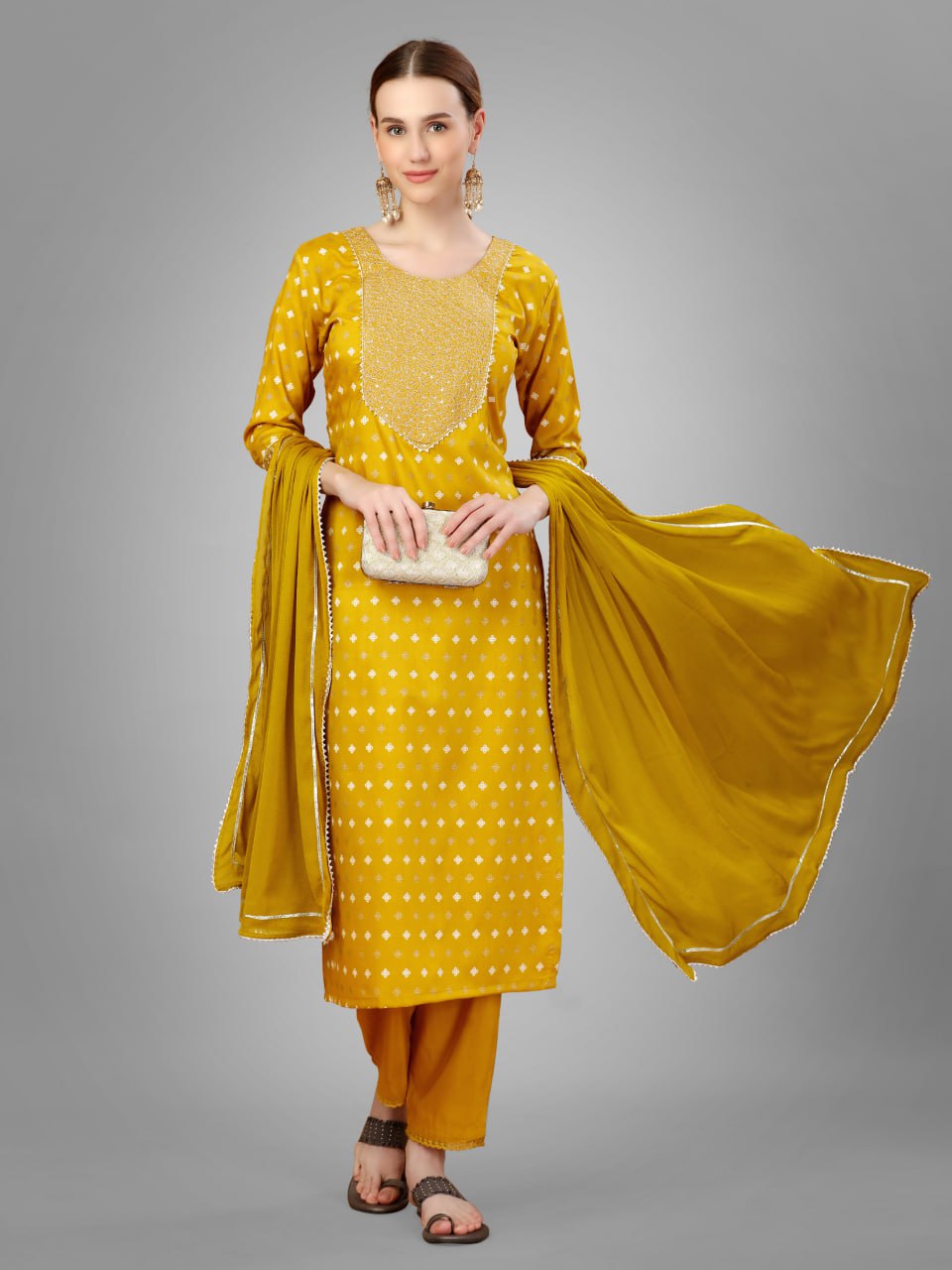 Golden Color Silk Blend with Embroidery and Sequence Work Pant - Kurti  Pant  Dupatta