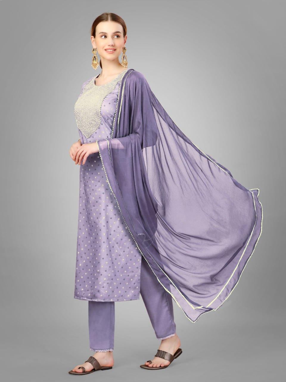 Lavender Color Silk Blend with Embroidery and Sequence Work Pant - Kurti  Pant  Dupatta