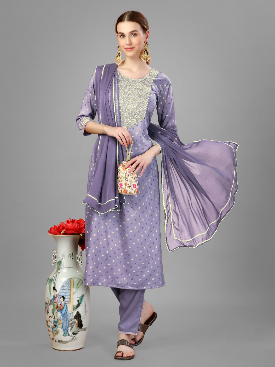 Lavender Color Silk Blend with Embroidery and Sequence Work Pant - Kurti  Pant  Dupatta