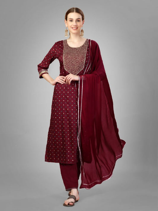 Maroon Color Silk Blend with Embroidery and Sequence Work Pant - Kurti  Pant  Dupatta