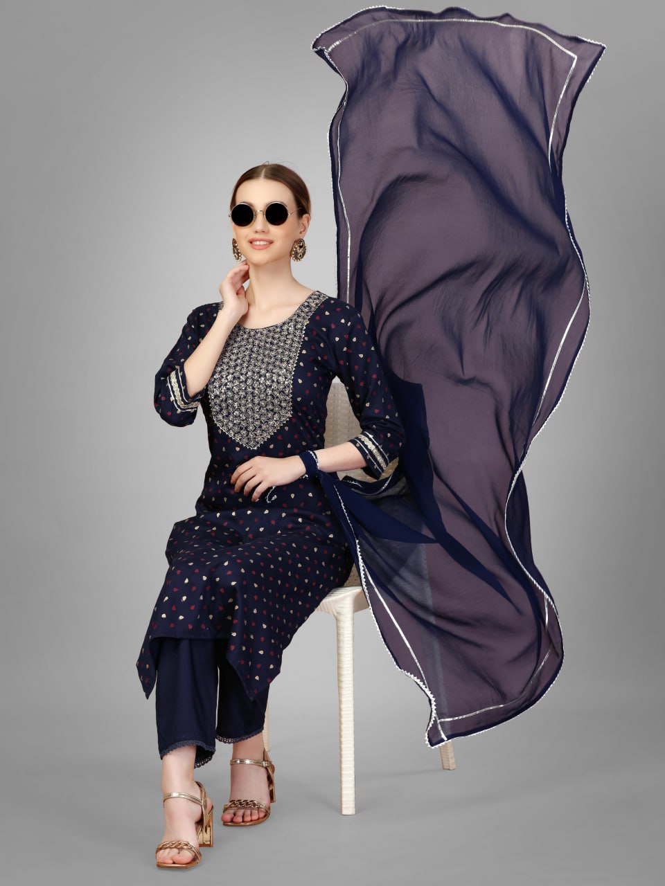 Navy Blue Color Silk Blend with Embroidery and Sequence Work Pant - Kurti  Pant  Dupatta