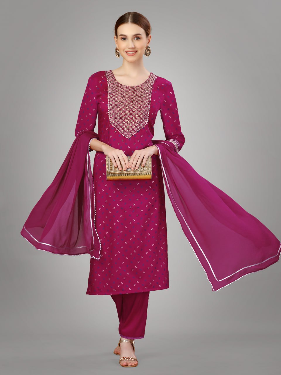 Rani Color Silk Blend with Embroidery and Sequence Work Pant - Kurti  Pant  Dupatta