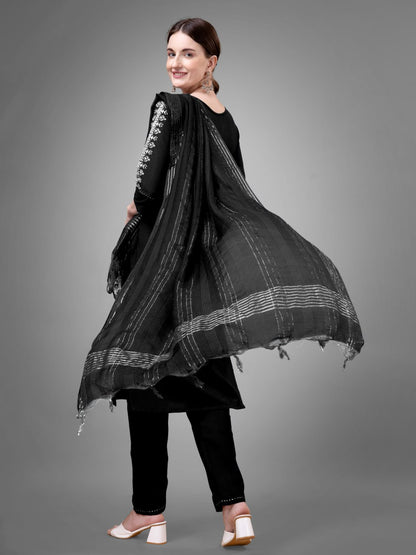 Black Colour Rayon Print With Embroidery and Fancy Lace Work Kurti Pant Dupatta