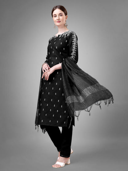 Black Colour Rayon Print With Embroidery and Fancy Lace Work Kurti Pant Dupatta