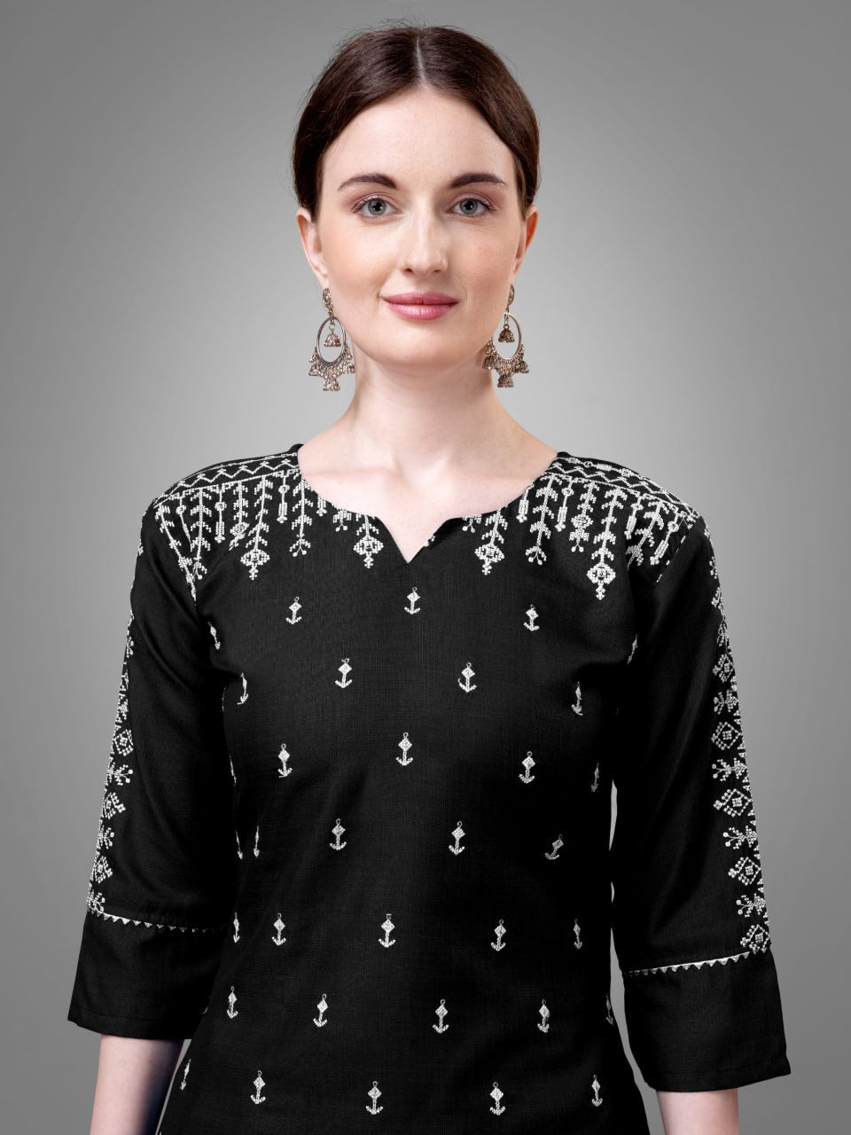 Black Colour Rayon Print With Embroidery and Fancy Lace Work Kurti Pant Dupatta