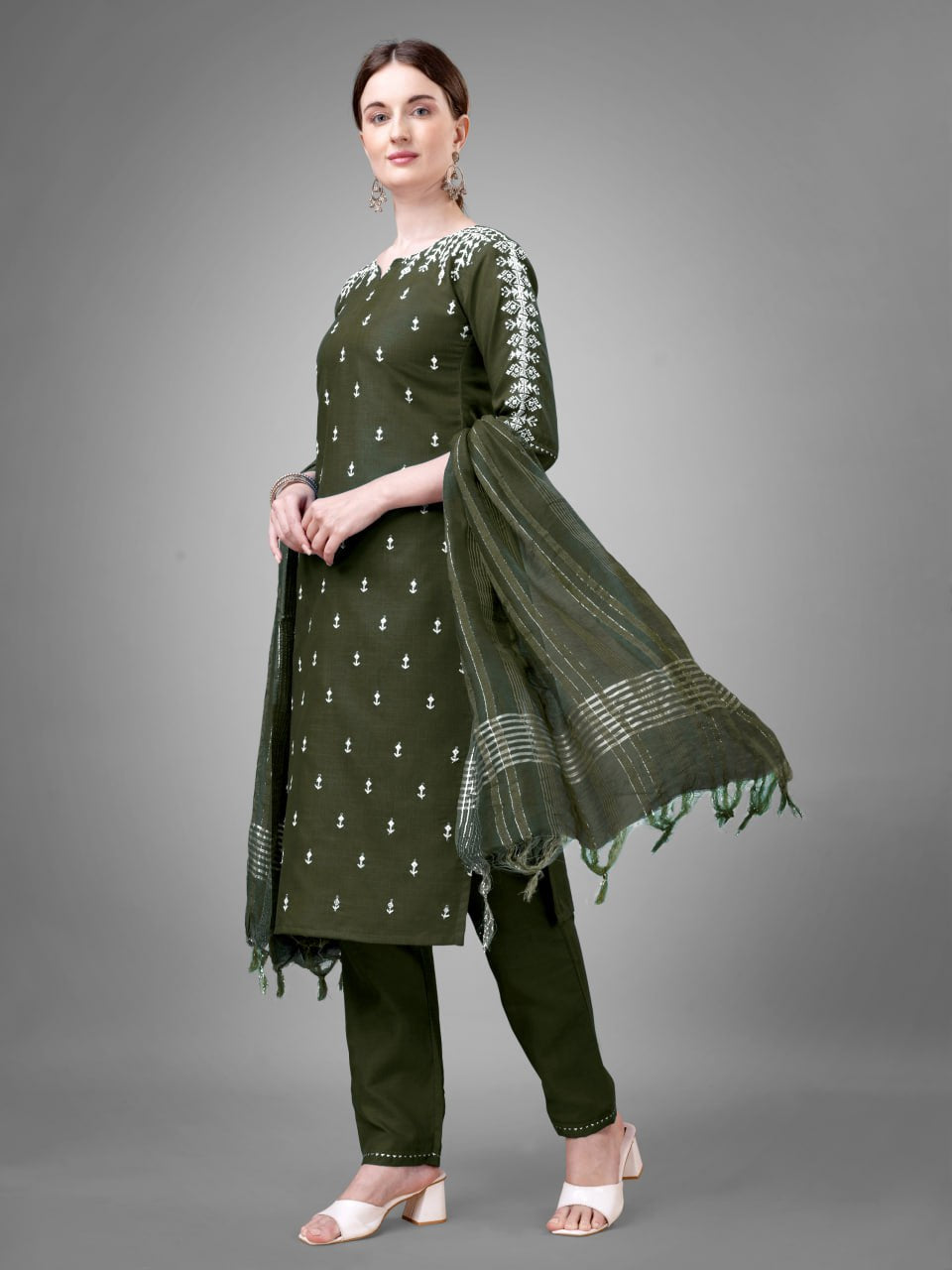 Dark Green Colour Rayon Print With Embroidery and Fancy Lace Work Kurti Pant Dupatta