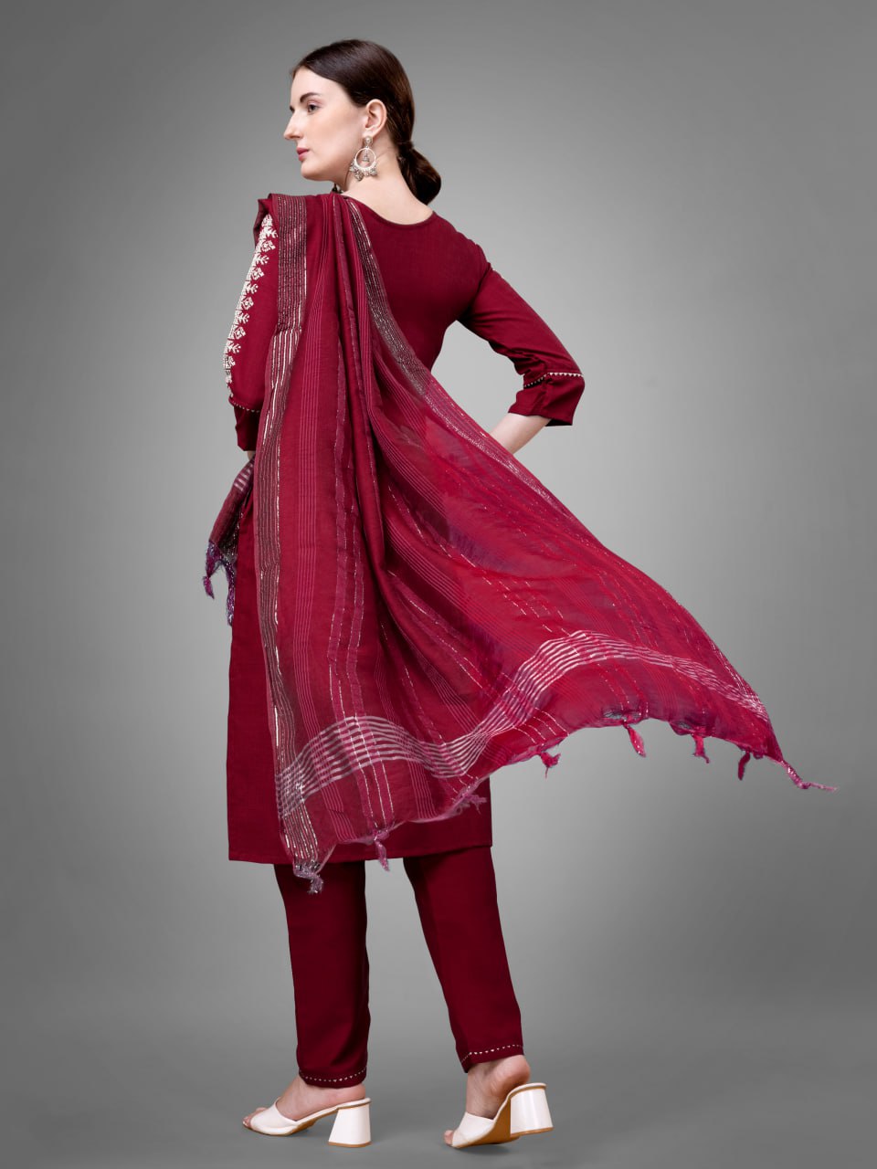 Maroon Colour Rayon Print With Embroidery and Fancy Lace Work Kurti Pant Dupatta