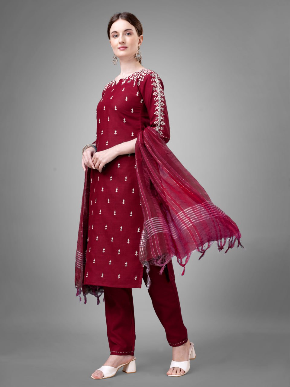 Maroon Colour Rayon Print With Embroidery and Fancy Lace Work Kurti Pant Dupatta