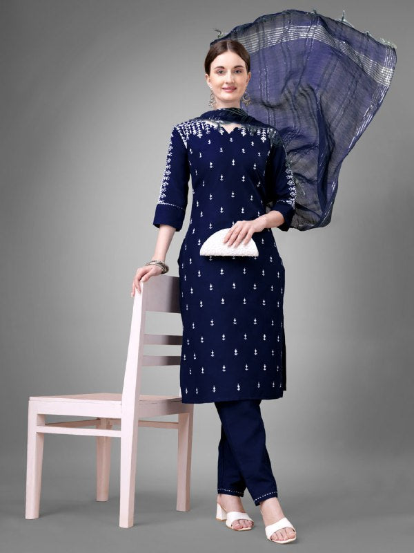Navy Blue Colour Rayon Print With Embroidery and Fancy Lace Work Kurti Pant Dupatta