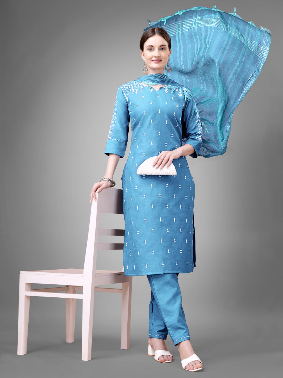 Sky Blue Colour Rayon Print With Embroidery and Fancy Lace Work Kurti Pant Dupatta