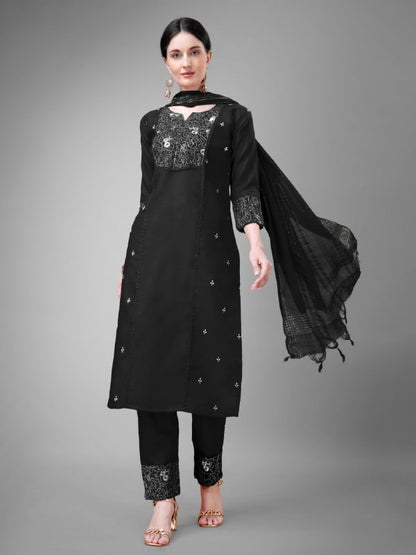 Black Colour Rayon Print With Embroidery and Fancy Lace Work Kurti Pant Dupatta