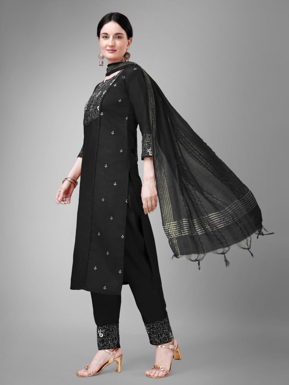 Black Colour Rayon Print With Embroidery and Fancy Lace Work Kurti Pant Dupatta