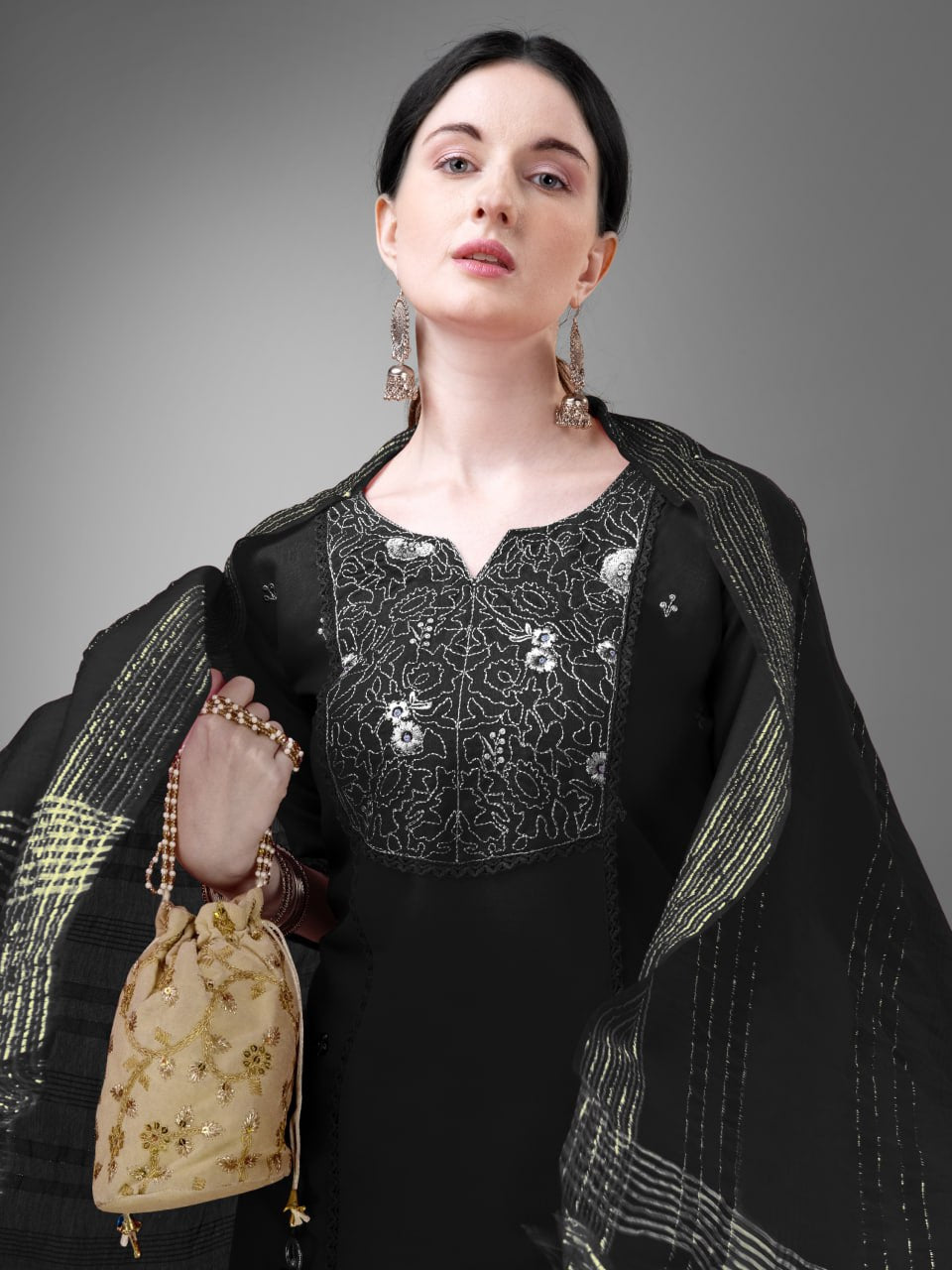 Black Colour Rayon Print With Embroidery and Fancy Lace Work Kurti Pant Dupatta