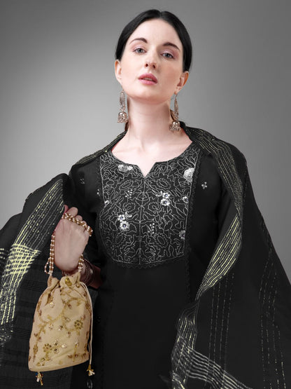 Black Colour Rayon Print With Embroidery and Fancy Lace Work Kurti Pant Dupatta