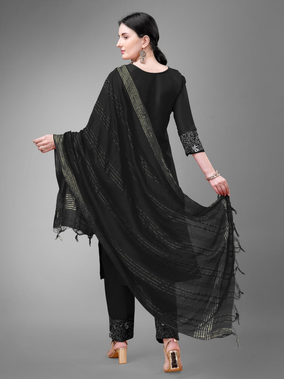 Black Colour Rayon Print With Embroidery and Fancy Lace Work Kurti Pant Dupatta