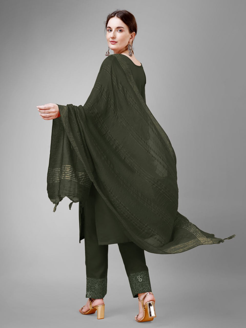 Dark Green Colour Rayon Print With Embroidery and Fancy Lace Work Kurti Pant Dupatta