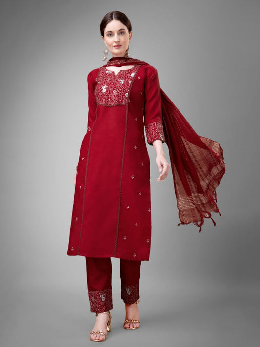 Maroon Colour Rayon Print With Embroidery and Fancy Lace Work Kurti Pant Dupatta