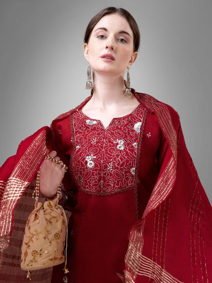 Maroon Colour Rayon Print With Embroidery and Fancy Lace Work Kurti Pant Dupatta