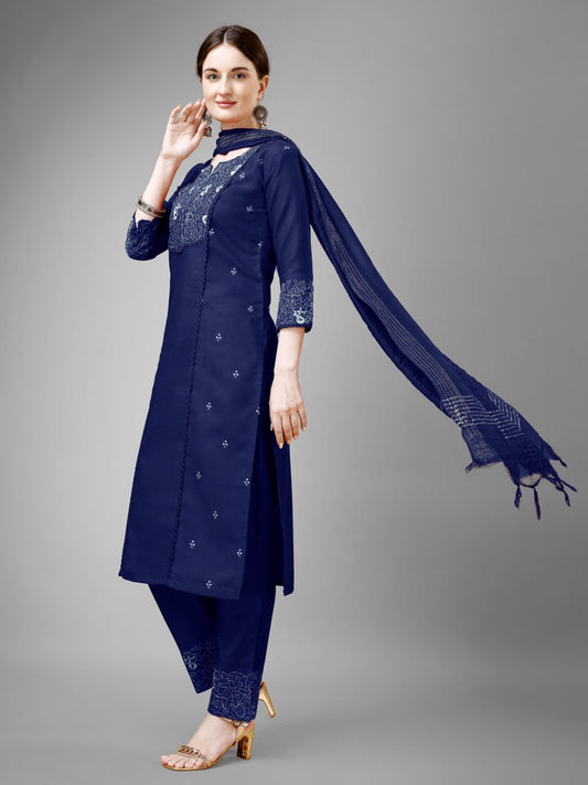 Navy Blue Colour Rayon Print With Embroidery and Fancy Lace Work Kurti Pant Dupatta