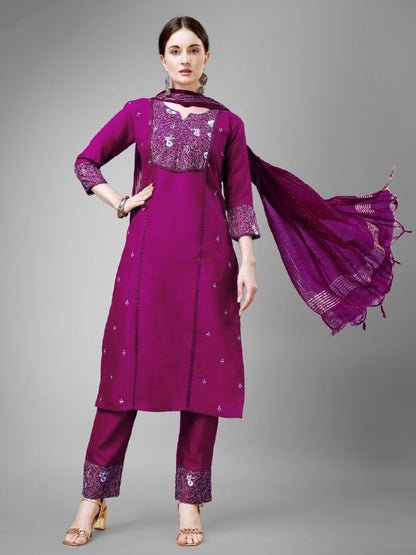 Purple Colour Rayon Print With Embroidery and Fancy Lace Work Kurti Pant Dupatta