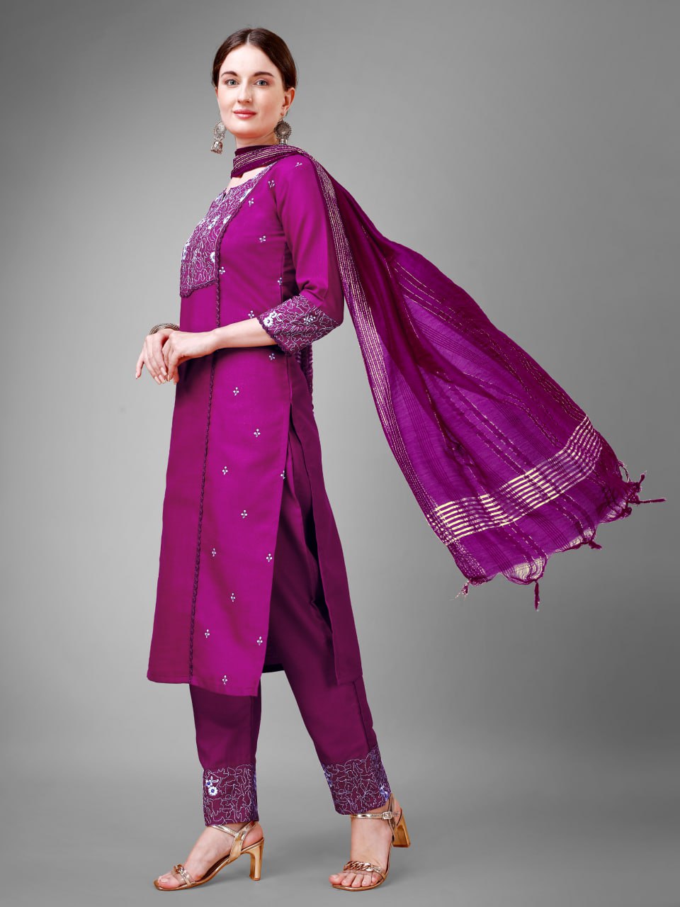 Purple Colour Rayon Print With Embroidery and Fancy Lace Work Kurti Pant Dupatta