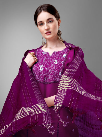 Purple Colour Rayon Print With Embroidery and Fancy Lace Work Kurti Pant Dupatta