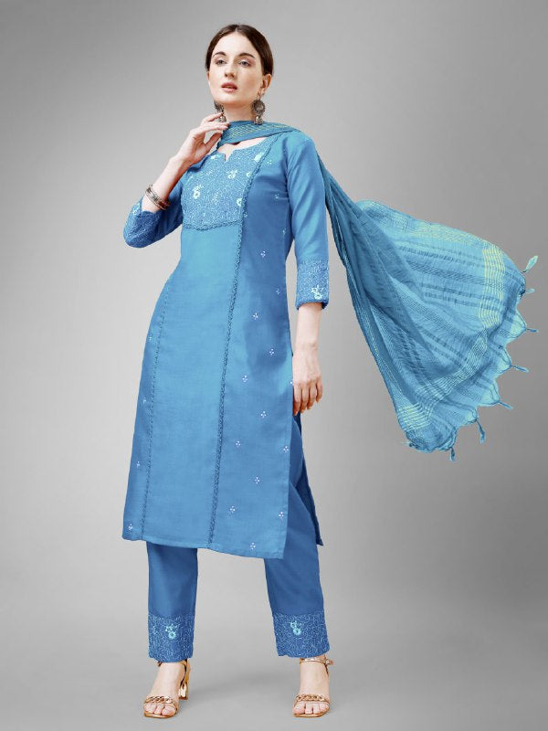 Sky Blue Colour Rayon Print With Embroidery and Fancy Lace Work Kurti Pant Dupatta