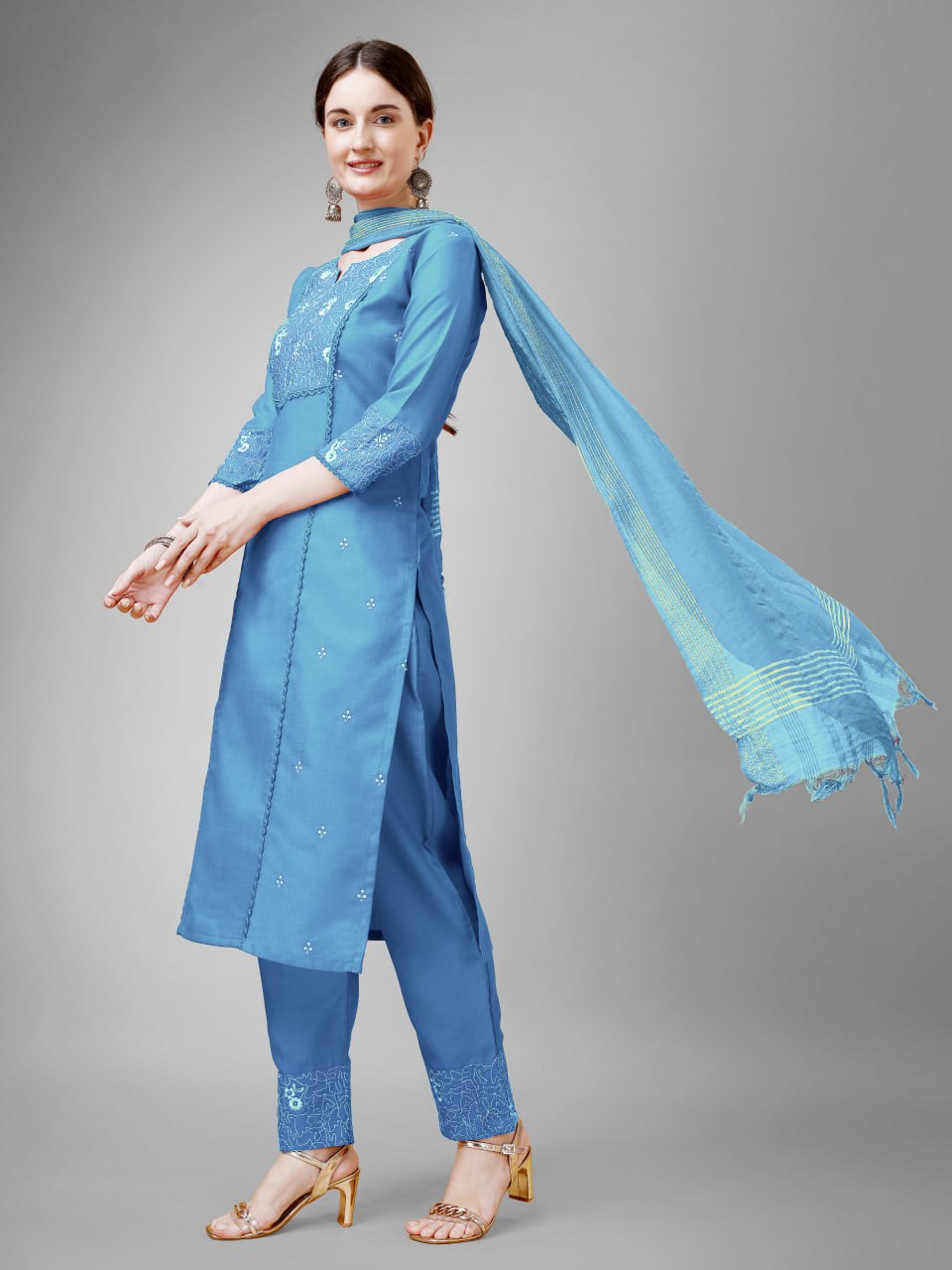 Sky Blue Colour Rayon Print With Embroidery and Fancy Lace Work Kurti Pant Dupatta