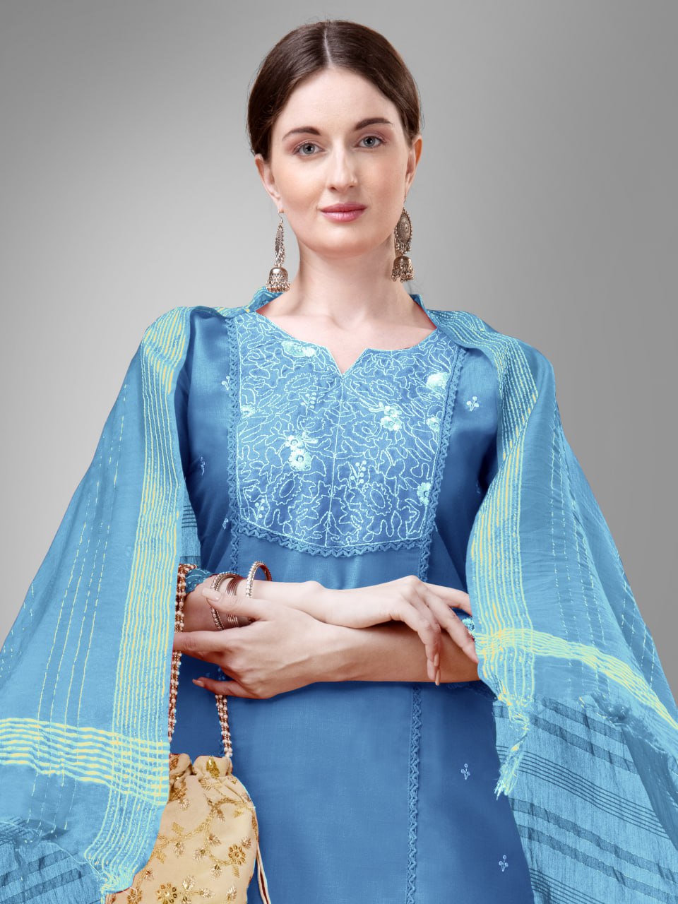 Sky Blue Colour Rayon Print With Embroidery and Fancy Lace Work Kurti Pant Dupatta