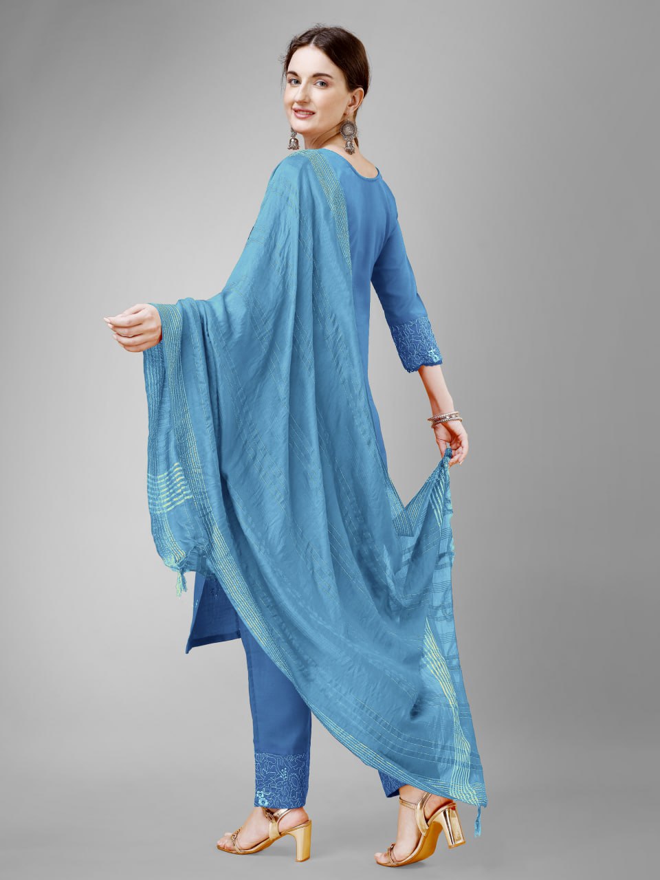 Sky Blue Colour Rayon Print With Embroidery and Fancy Lace Work Kurti Pant Dupatta