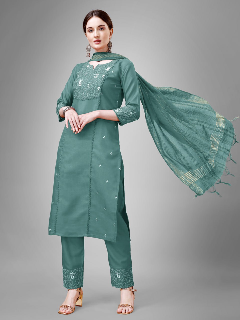 Teal Colour Rayon Print With Embroidery and Fancy Lace Work Kurti Pant Dupatta