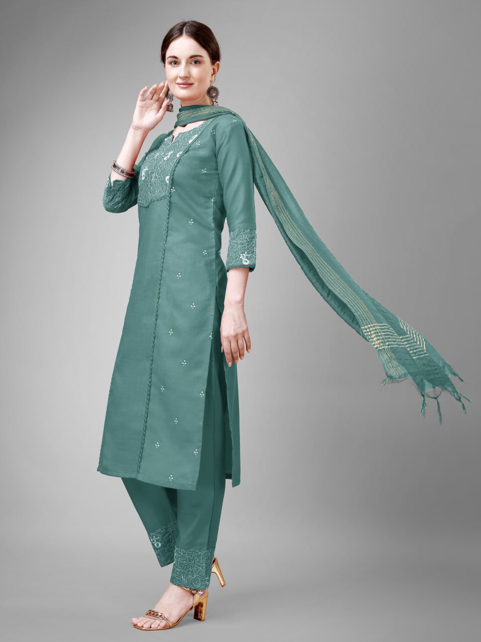 Teal Colour Rayon Print With Embroidery and Fancy Lace Work Kurti Pant Dupatta