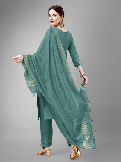 Teal Colour Rayon Print With Embroidery and Fancy Lace Work Kurti Pant Dupatta