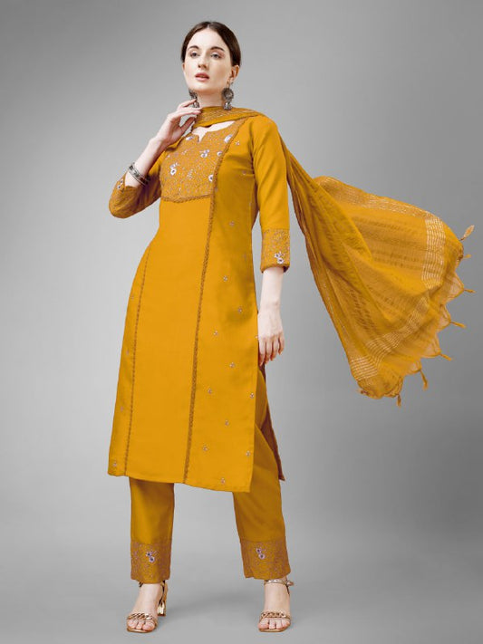 Yellow Colour Rayon Print With Embroidery and Fancy Lace Work Kurti Pant Dupatta