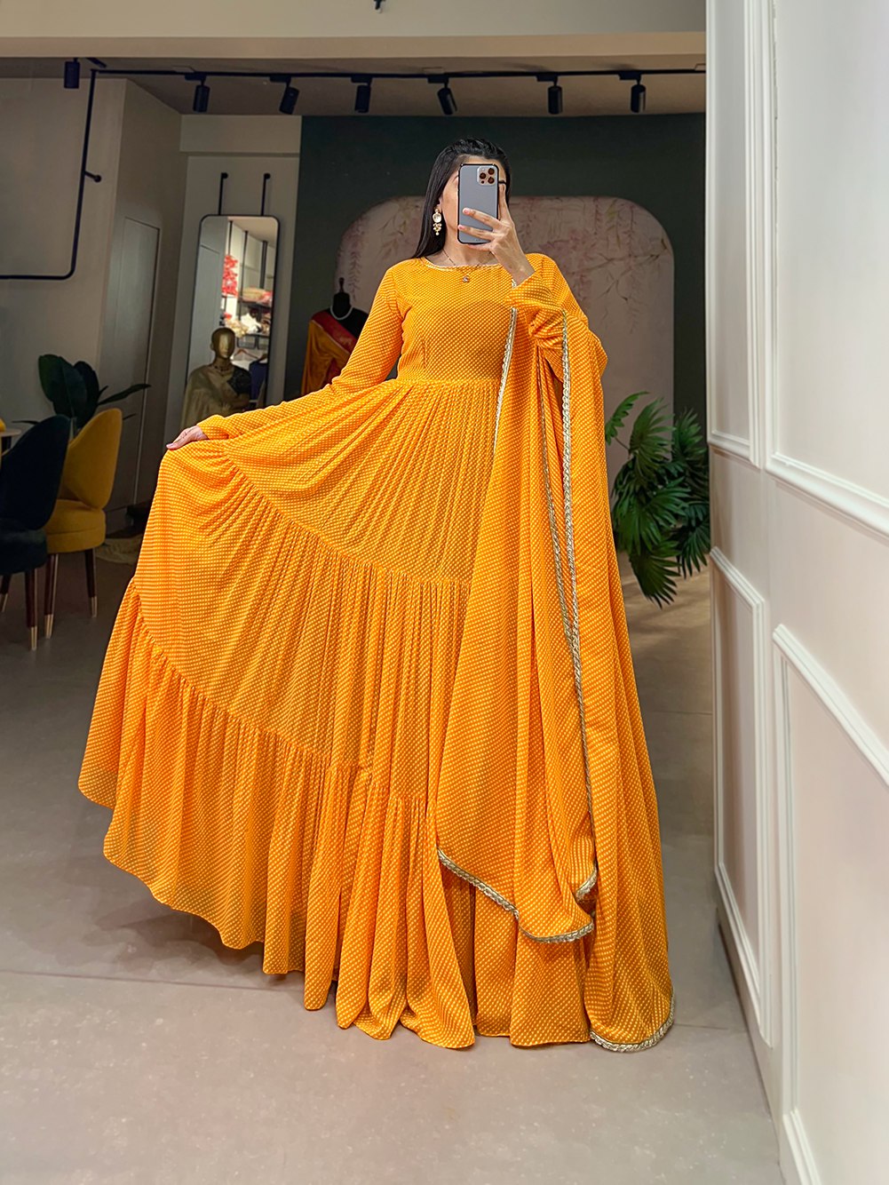 YELLOW CELEBRATION OF WARMTH AND STYLE GEORGETTE PRINTED GOWN