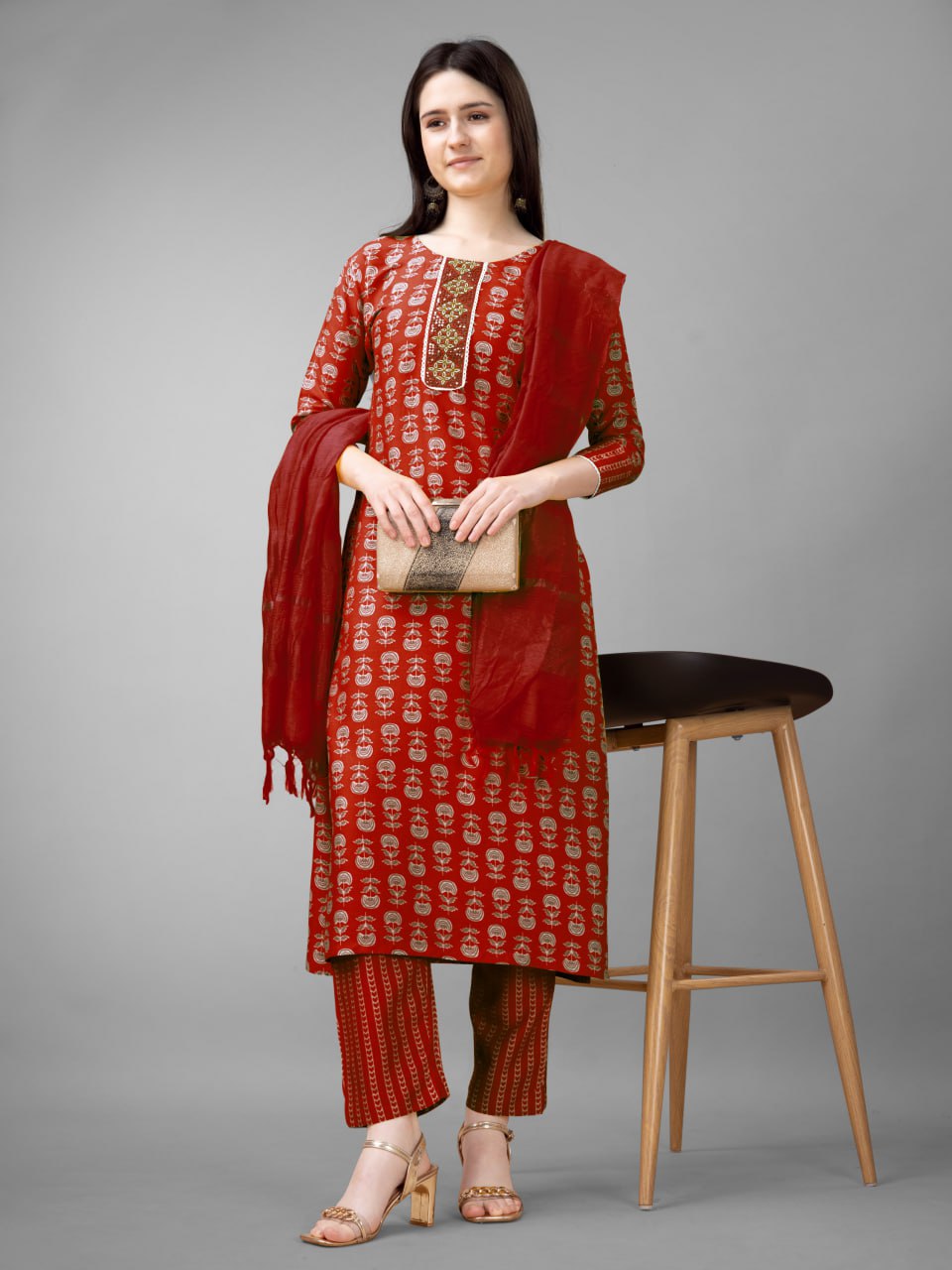 Maroon Colour Rayon Print With Embroidery and Fancy Lace Work Kurti Pant Dupatta