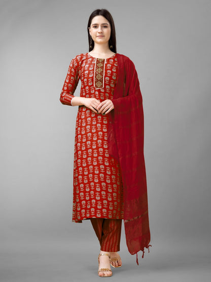 Maroon Colour Rayon Print With Embroidery and Fancy Lace Work Kurti Pant Dupatta