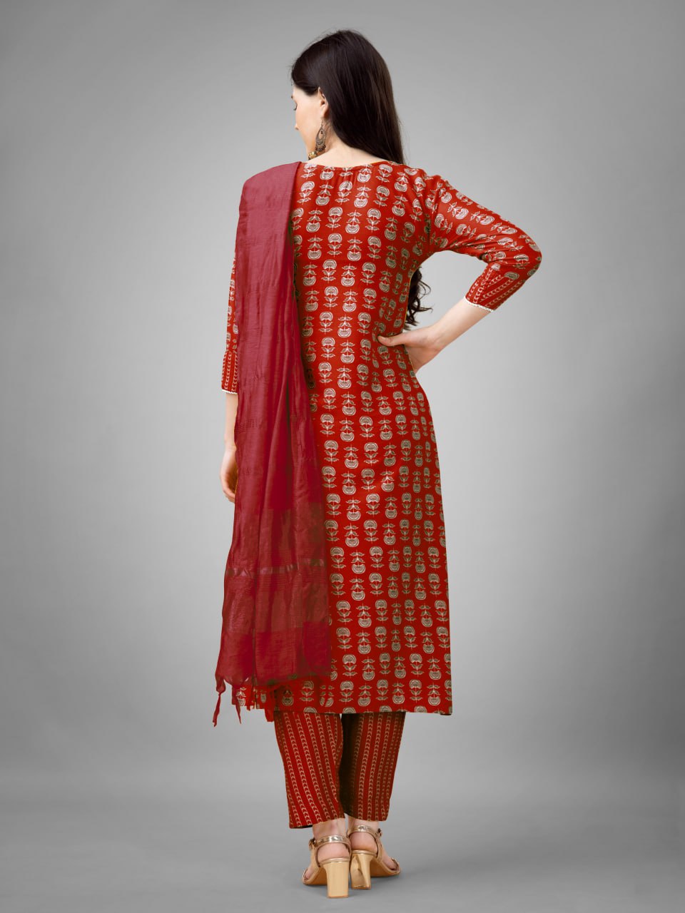 Maroon Colour Rayon Print With Embroidery and Fancy Lace Work Kurti Pant Dupatta